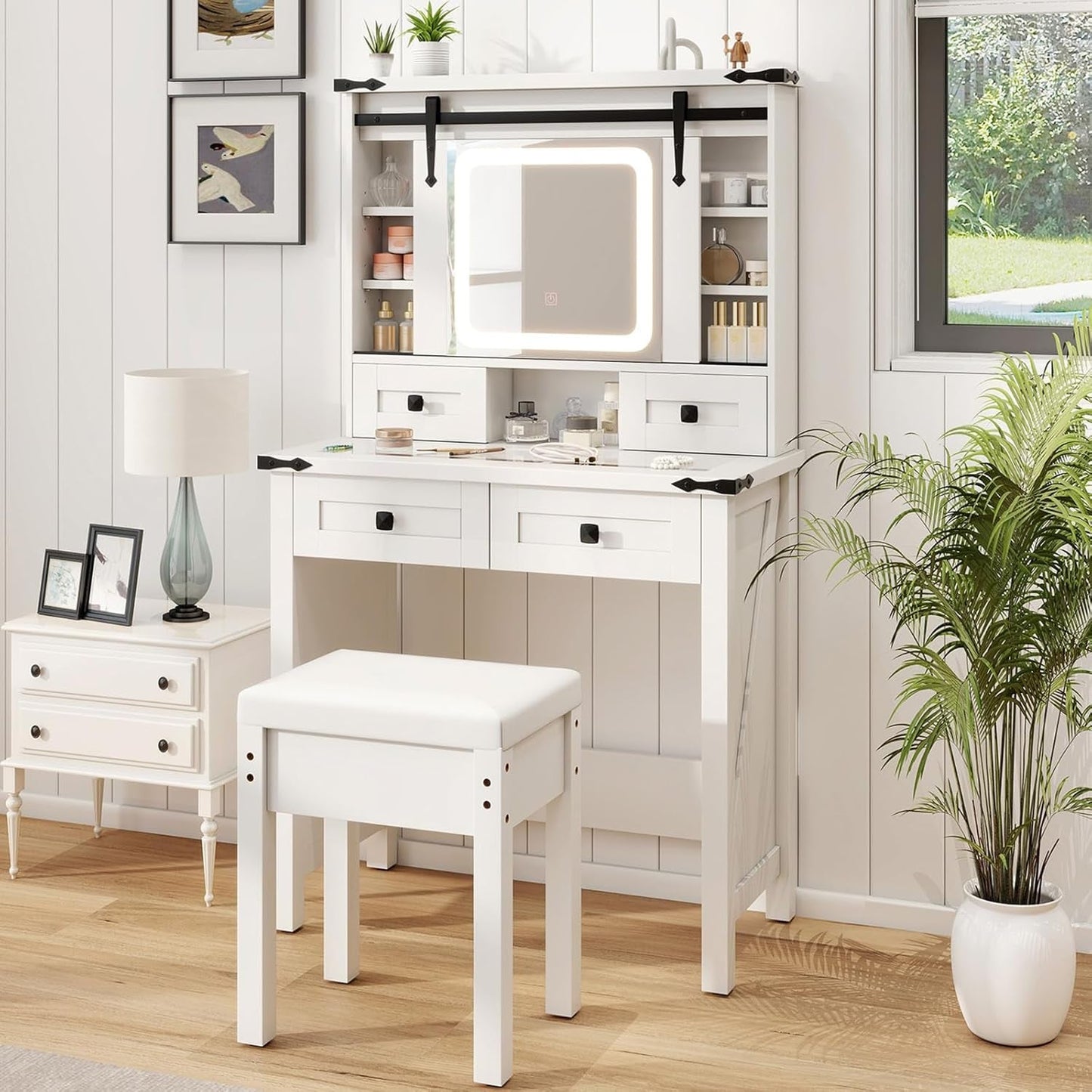 White Vanity Desk With Sliding Mirror Illumination