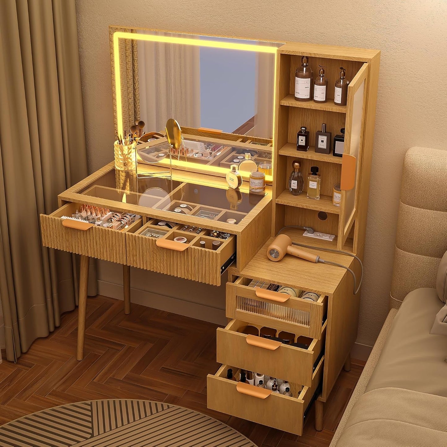 Light Oak 45 Inch Vanity Desk Including Mirror And Lights