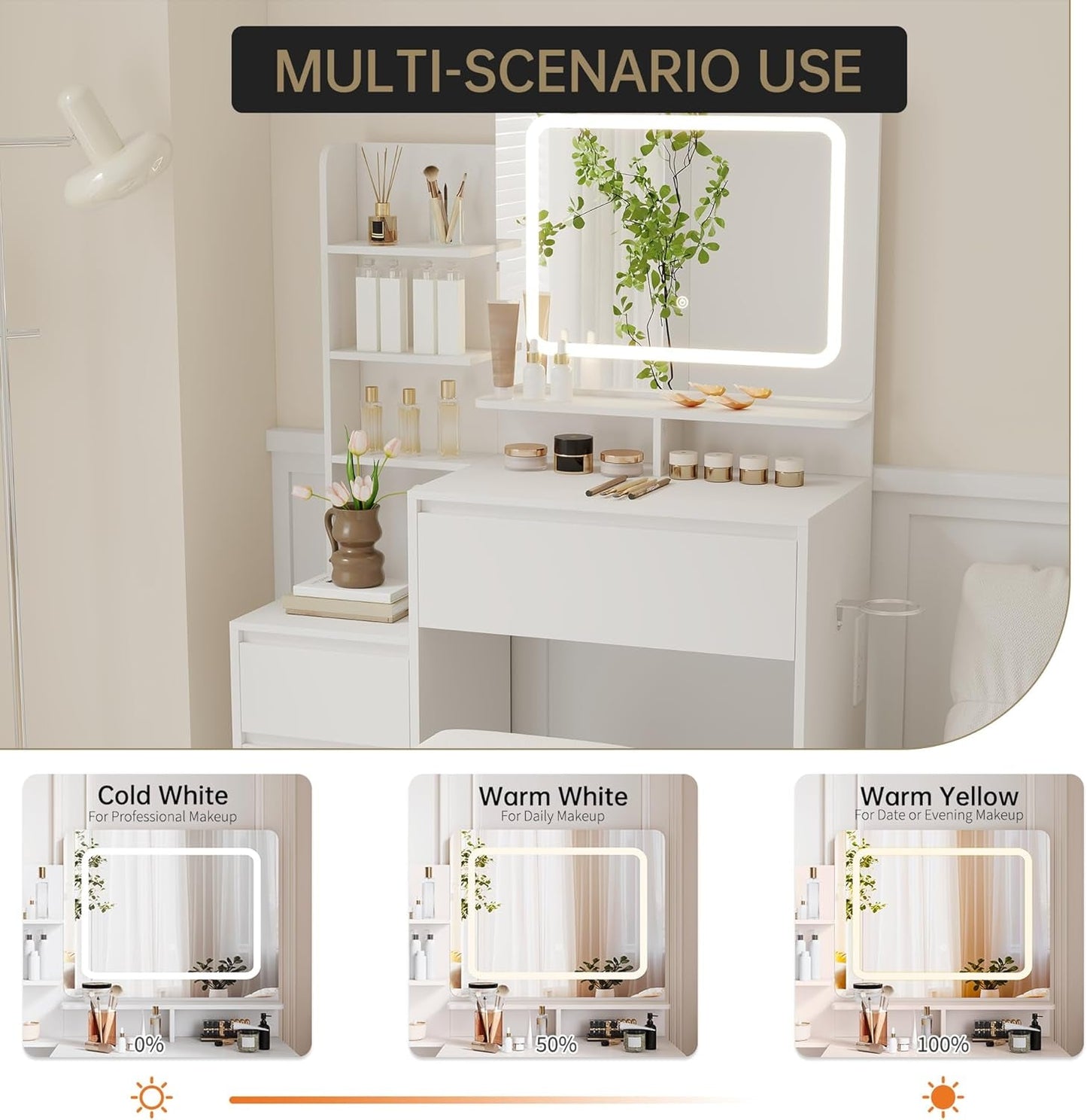 White Vanity Desk With Integrated LED Illumination