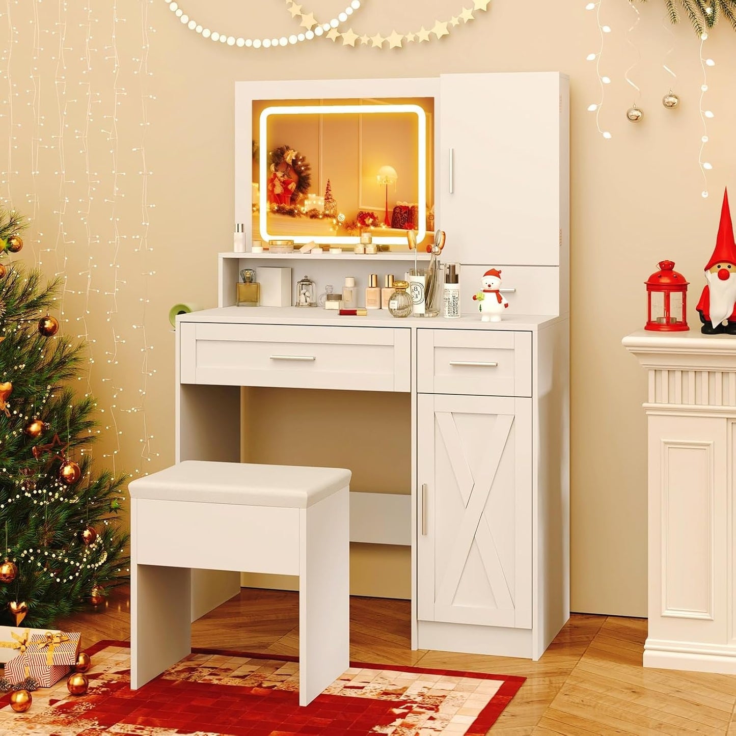 White Multifunctional Vanity Desk With Illuminated Mirror