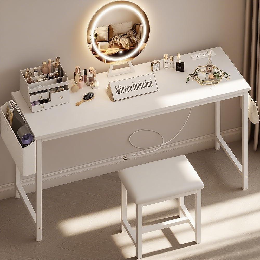 47 Inch White Vanity Desk With Power Outlet Lighted Mirror