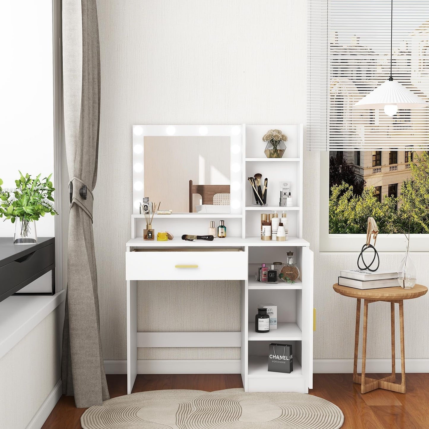 White Vanity Desk With Adjustable Brightness Lights