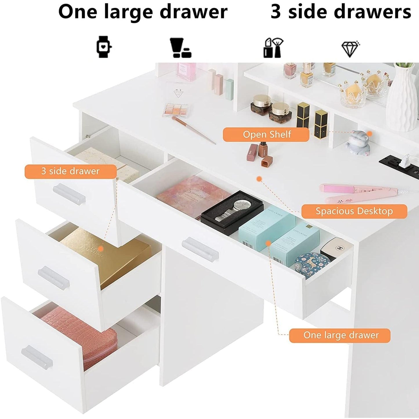 White Vanity Desk With Lighted Mirror And Charging Station