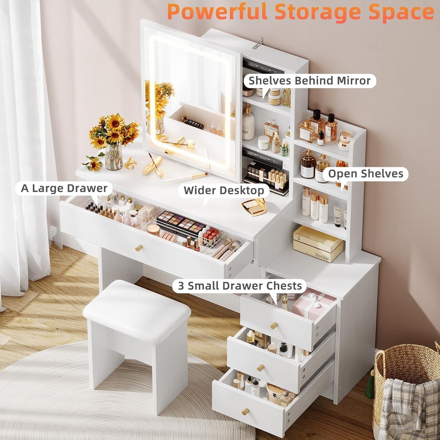 White Vanity Desk With LED Mirror Multi Compartment