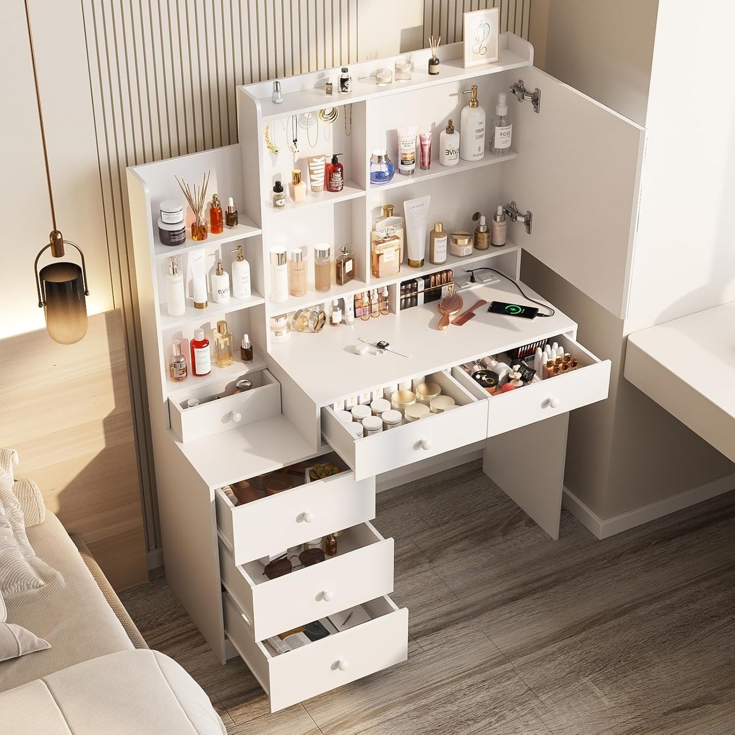White Makeup Vanity Desk With Power Outlet Led Mirror