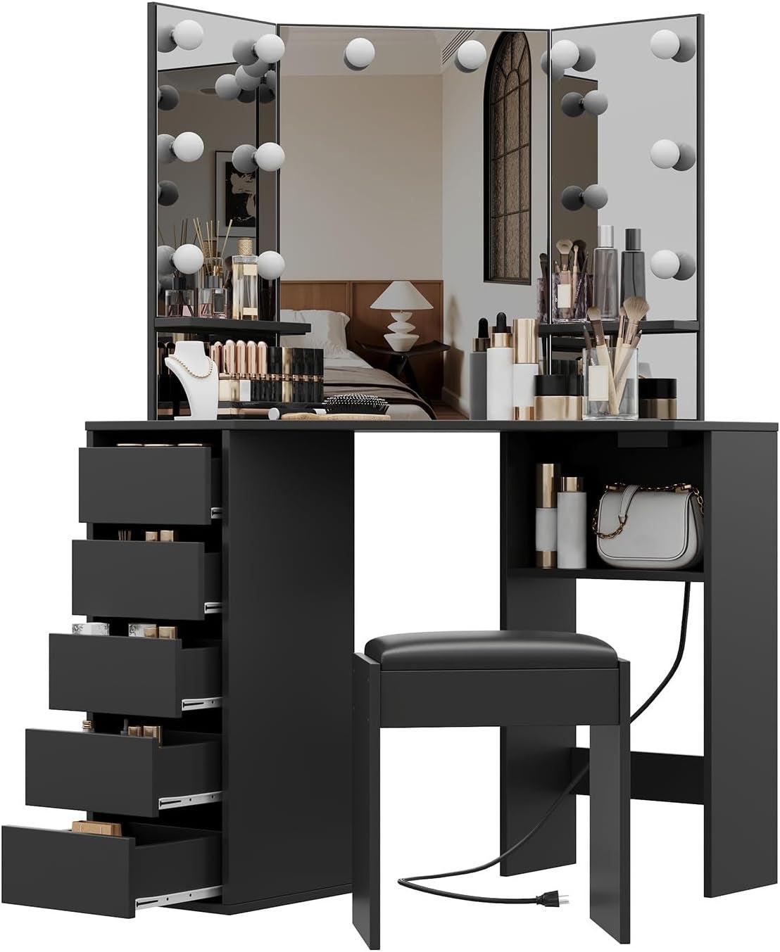 Corner Vanity Desk Black Illuminated Mirror Lights