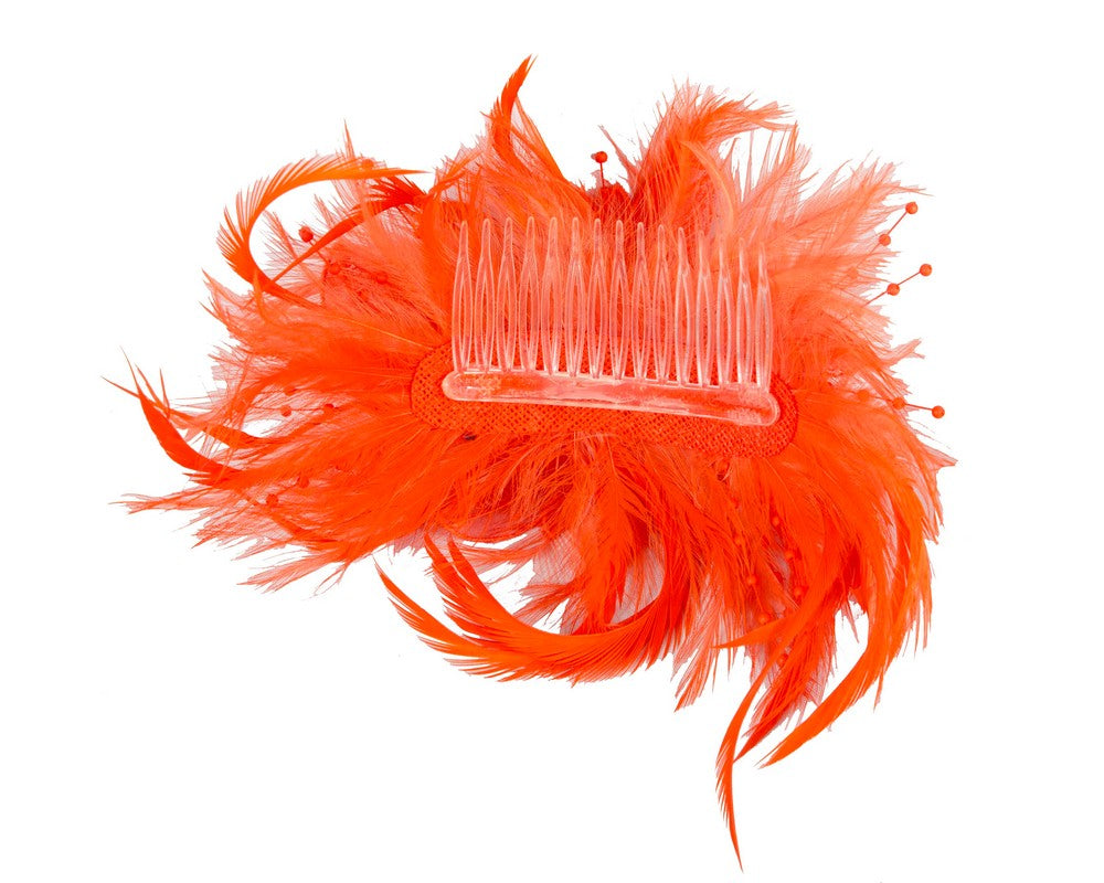 Orange custom made feather fascinator comb