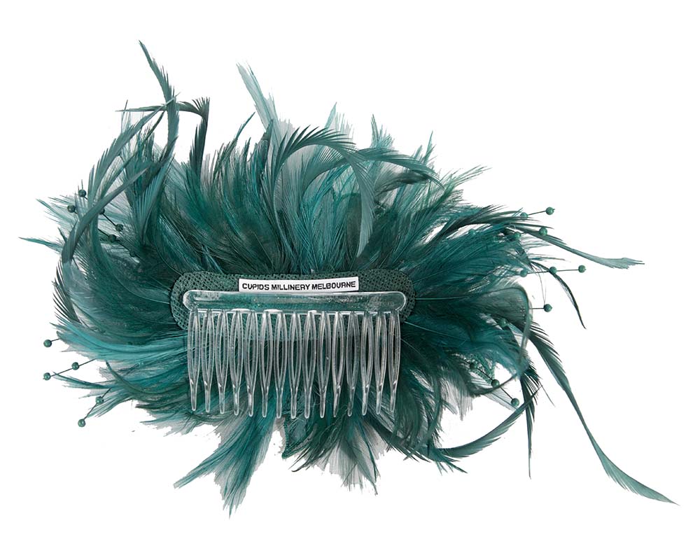 Teal custom made feather fascinator comb