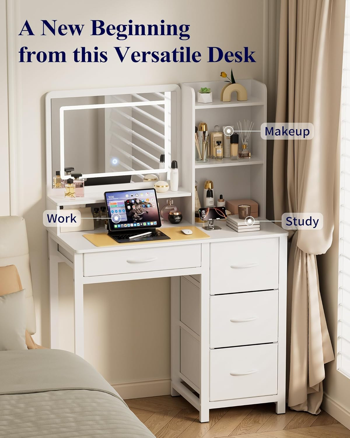 White Vanity Desk With Large Capacity Mirror Lights