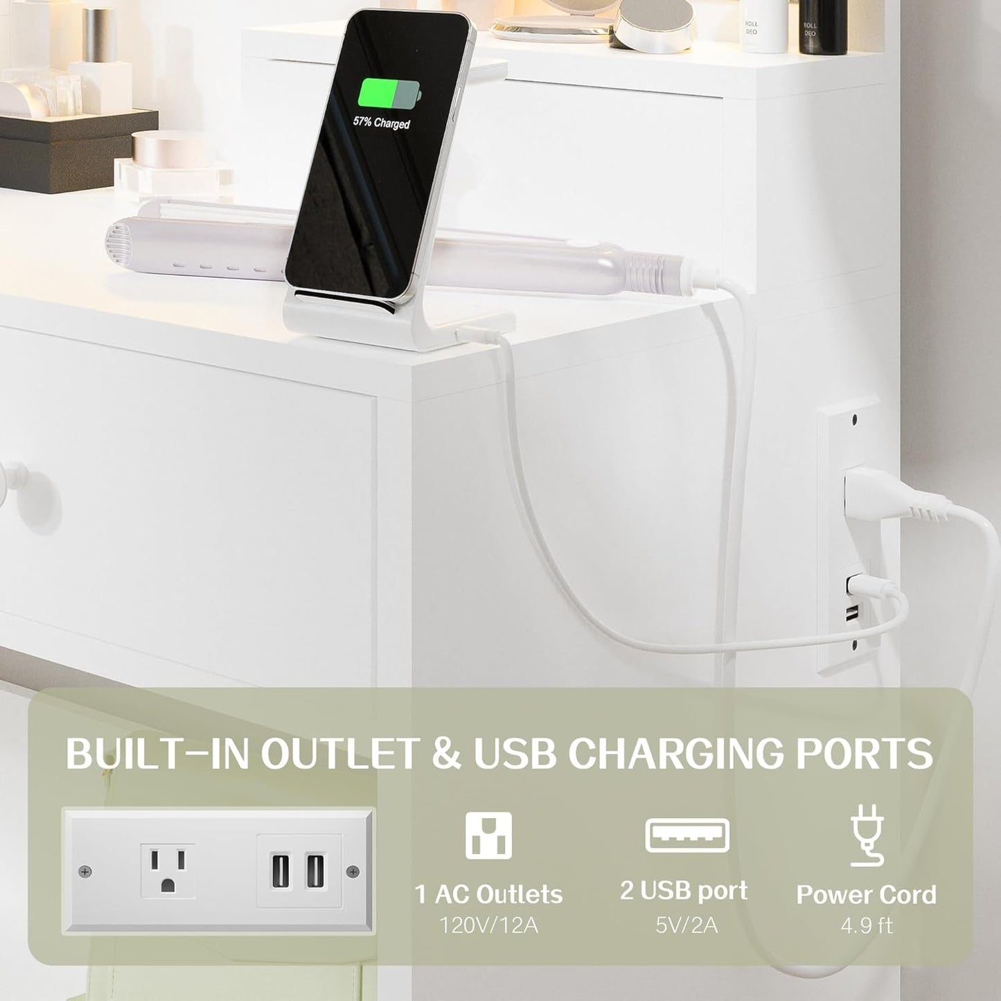 White Makeup Vanity Desk With Integrated LED Lighting