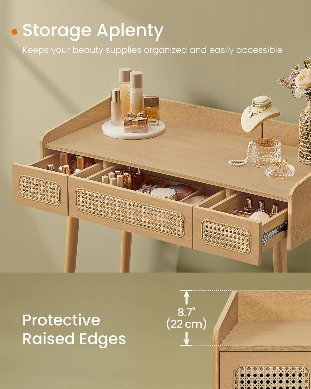 Oak Beige Solid Wood Vanity Desk With Dimmable Mirror