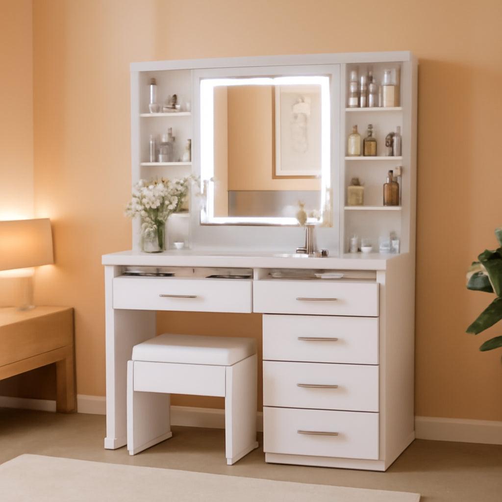 White Vanity Desk With Illuminated Mirror USB Charging Port