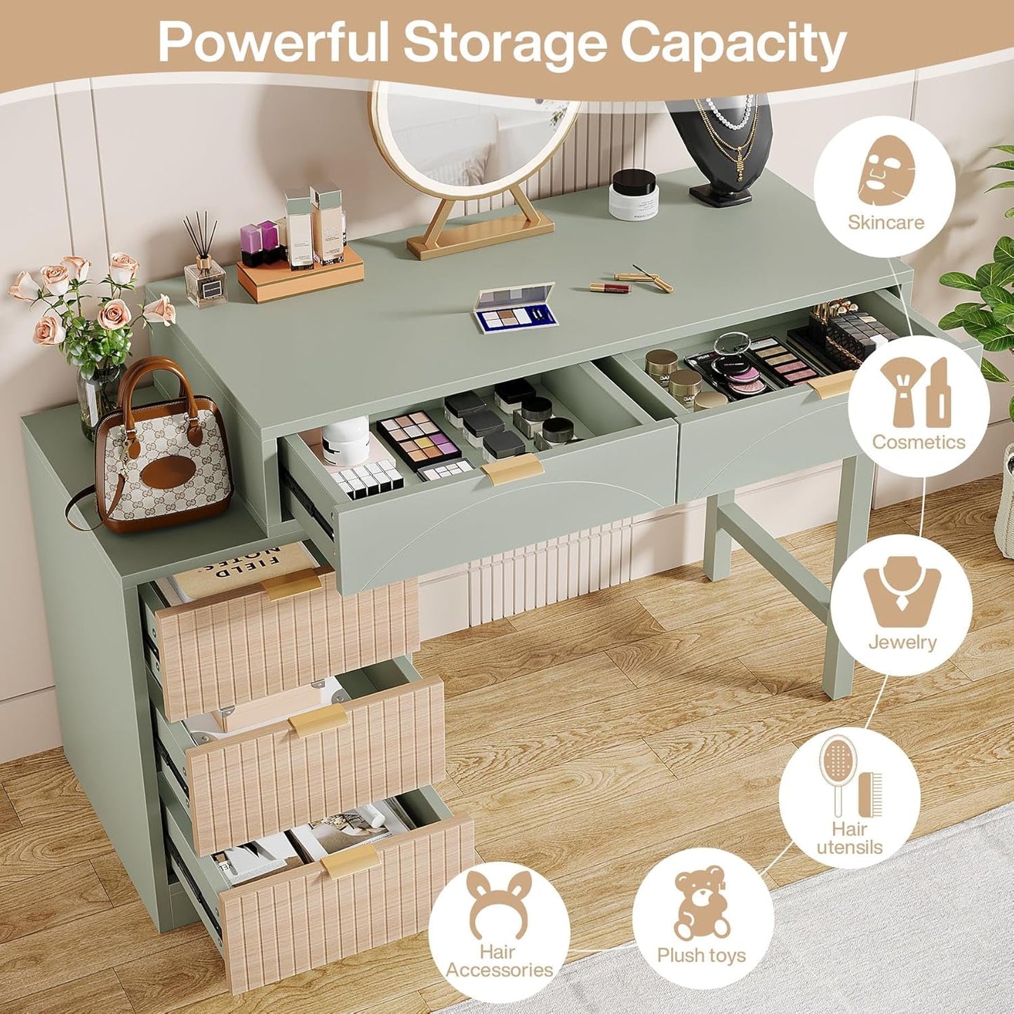 Mint Green Vanity Desk With 5 Drawers For Narrow Spaces