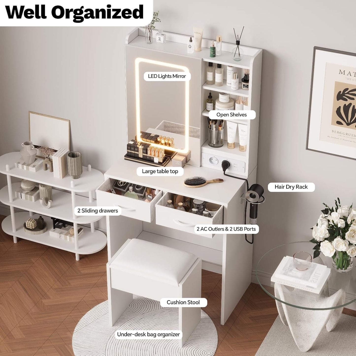 White Vanity Desk Featuring Illuminated Mirror Outlets