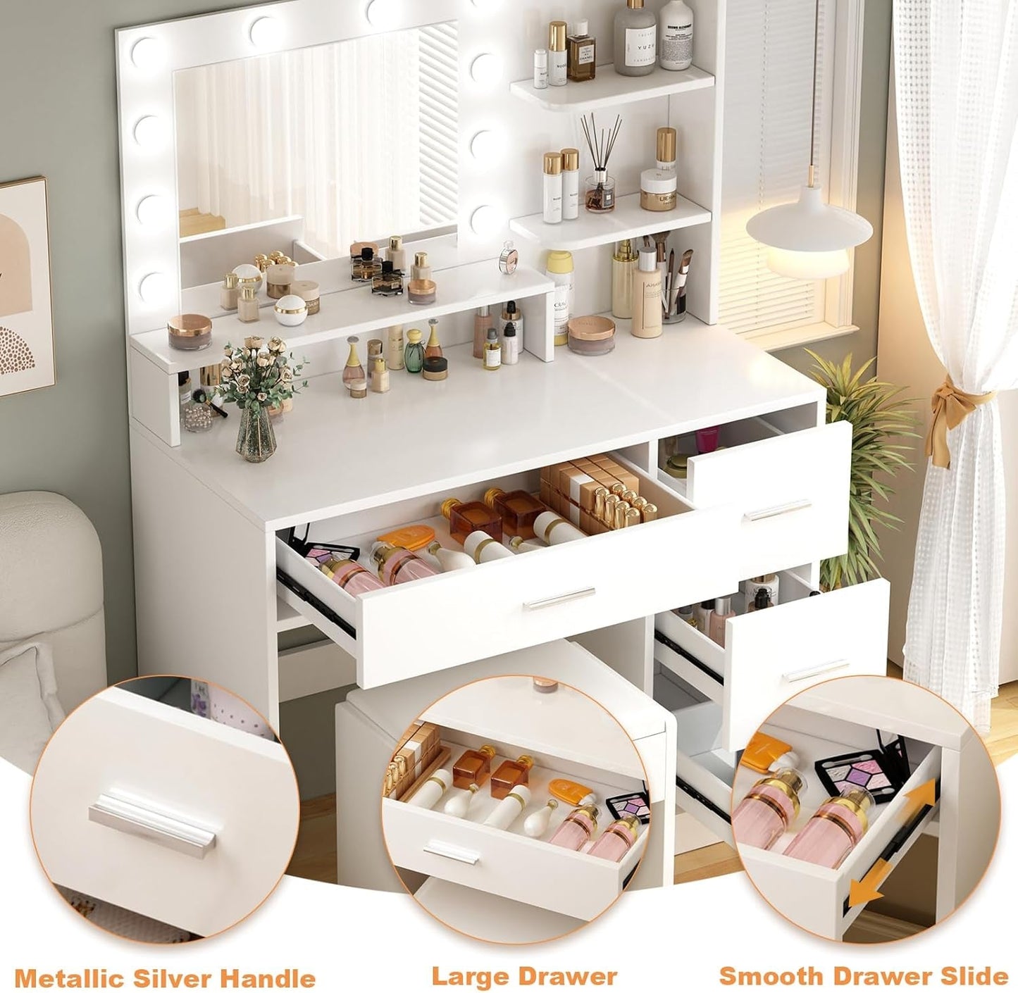 Luxurious White Vanity Desk Featuring LED Illumination