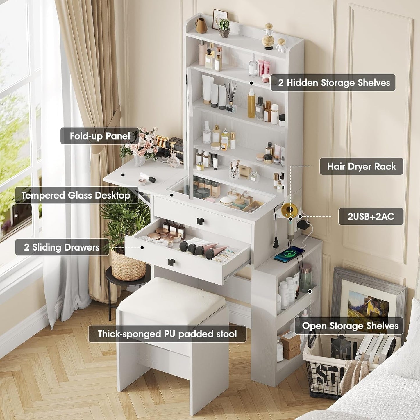 White Vanity Desk With Integrated Charging Station