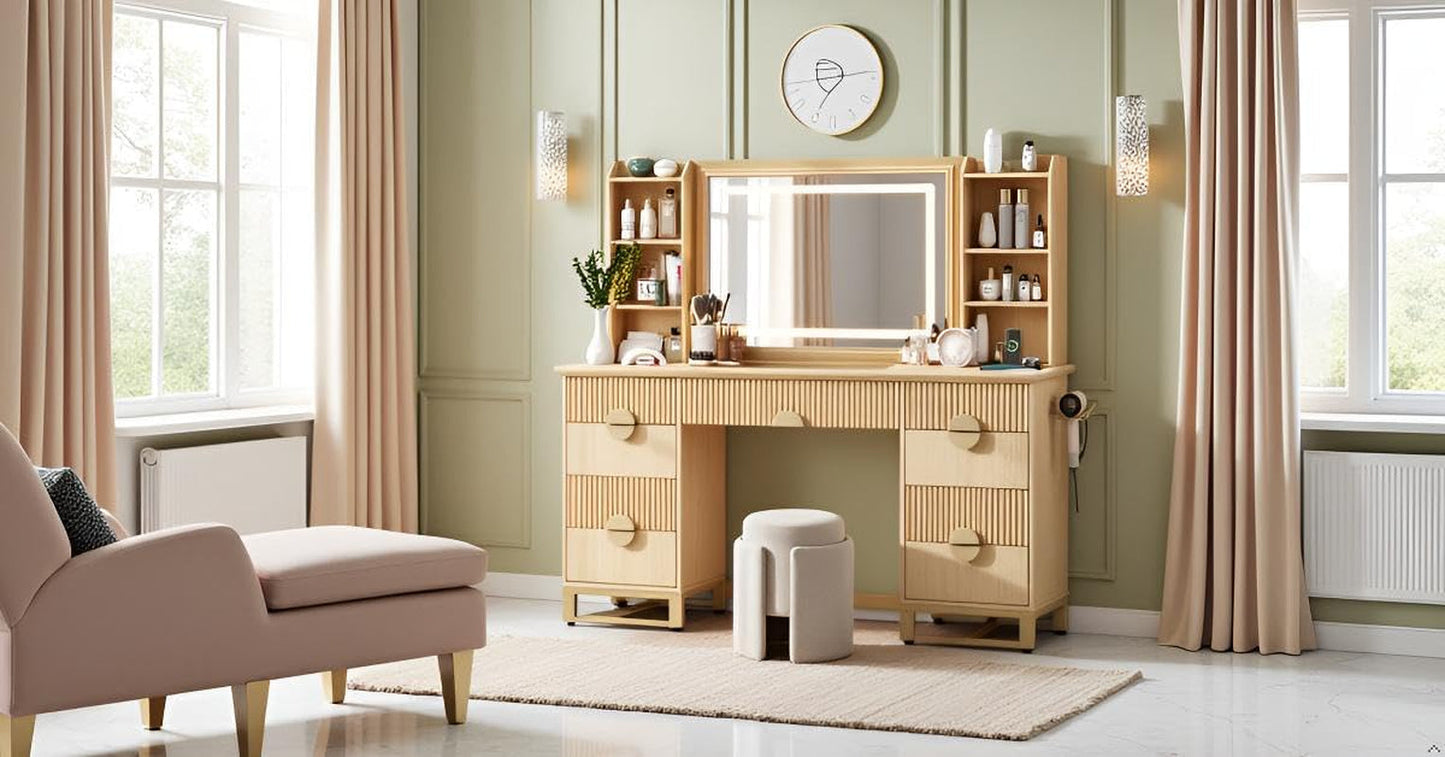 Oak Fluted Vanity Desk 60 Inch Tempered Glass Table top