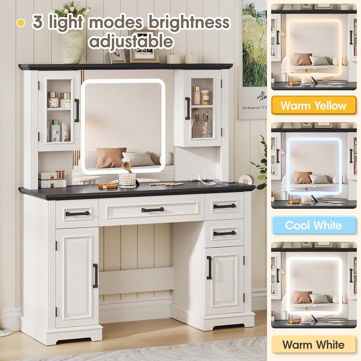 Forty Five Inch Wide White Vanity Desk LED Mirror Storage Unit