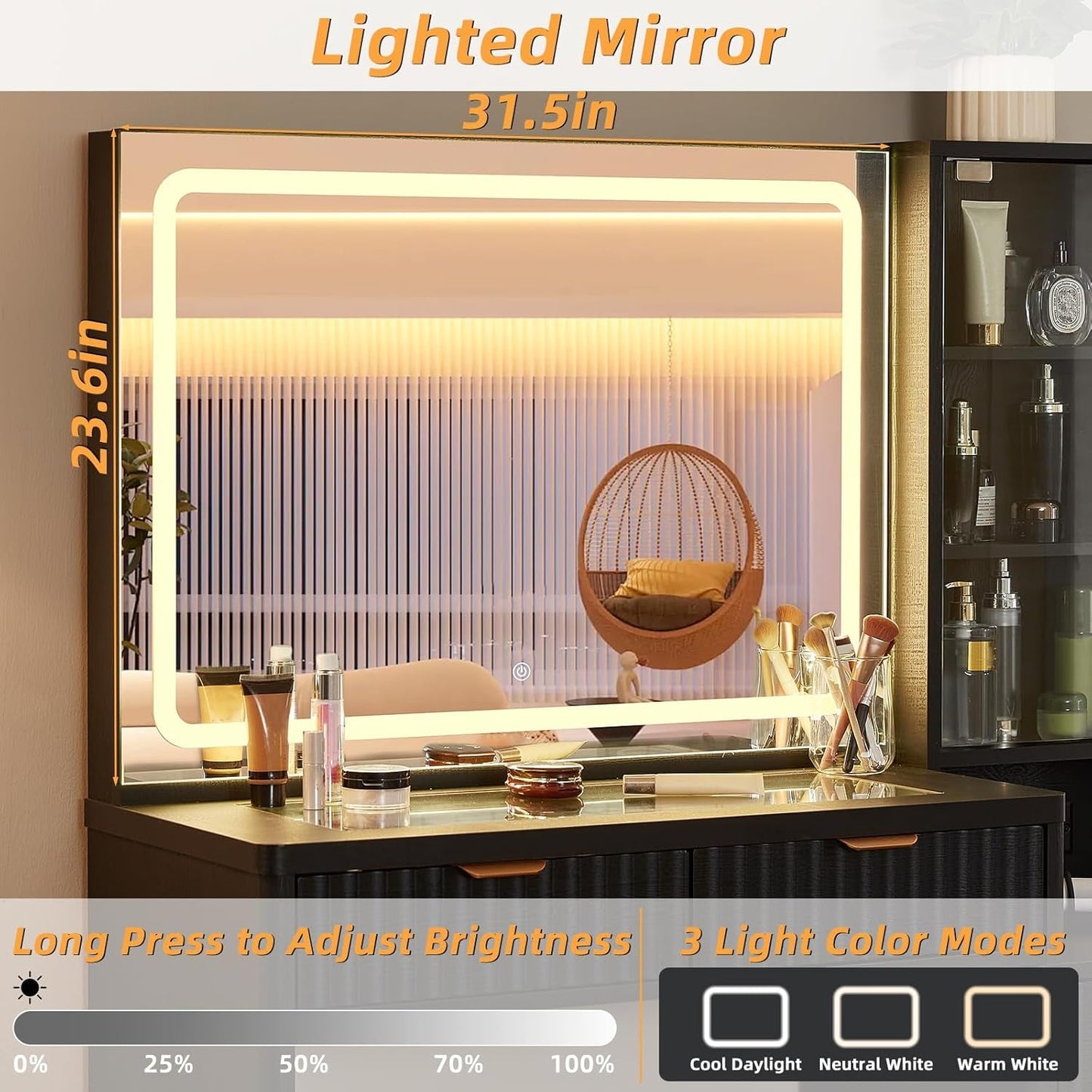 Black Vanity Desk With Premium Crystal Mirror Light