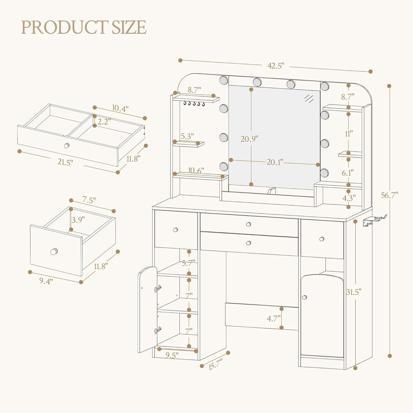 42.5-Inch Vanity Desk With LED-Illuminated Mirror System