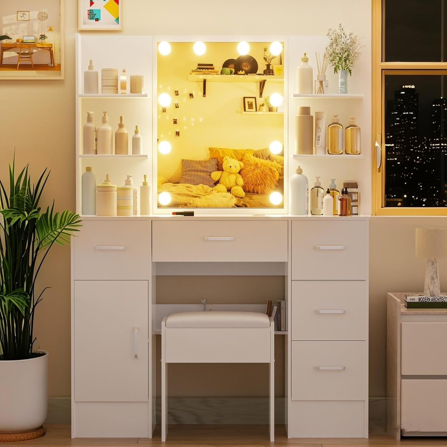 White Makeover Vanity Desk With Illuminated Mirror