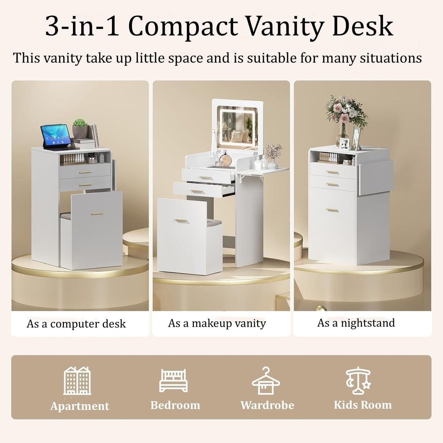 Crisp White Compact Vanity Desk Illuminated Mirror