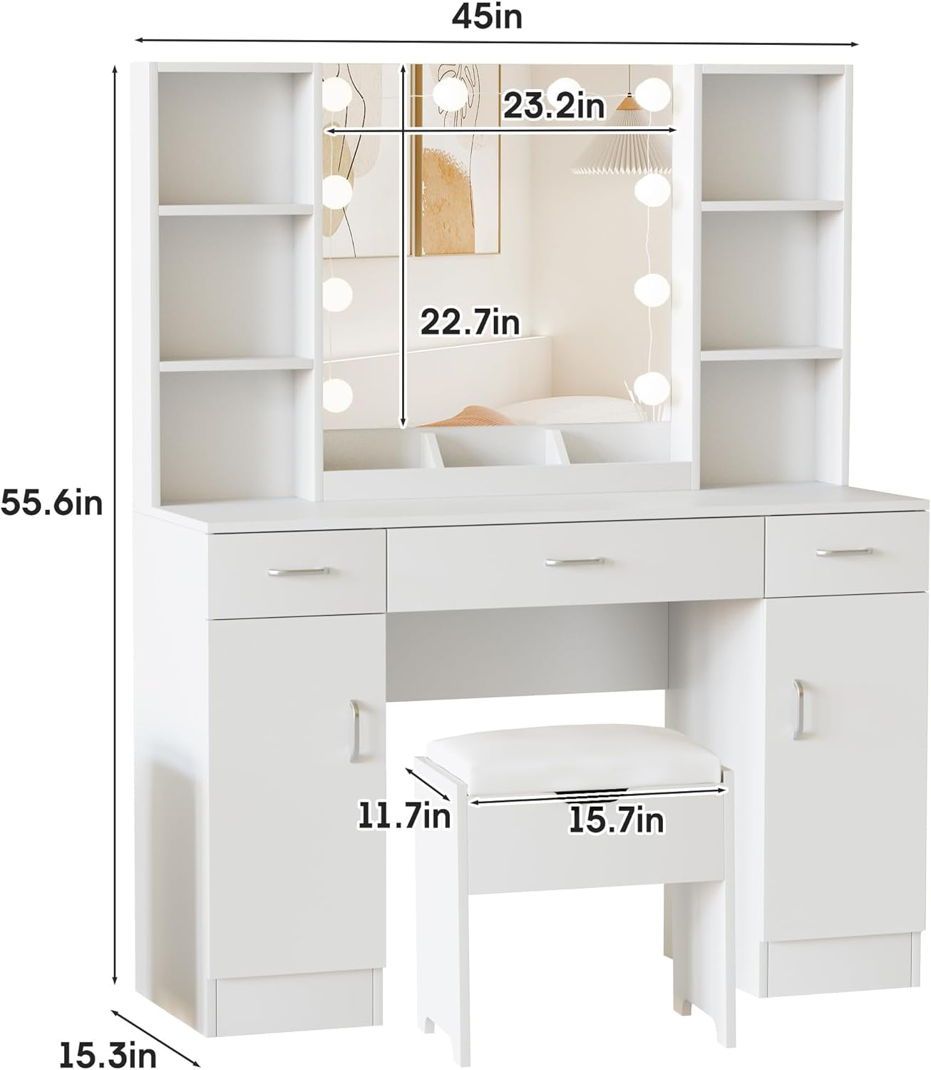 Ivory Vanity Desk With Illuminating Mirrored 45 Inch
