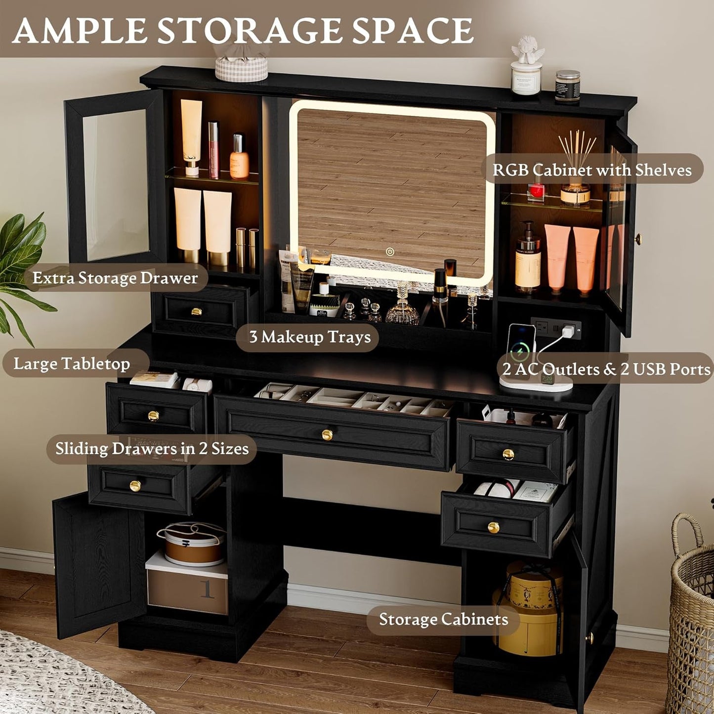 Black Cosmetic Vanity Desk With Illuminated Mirror