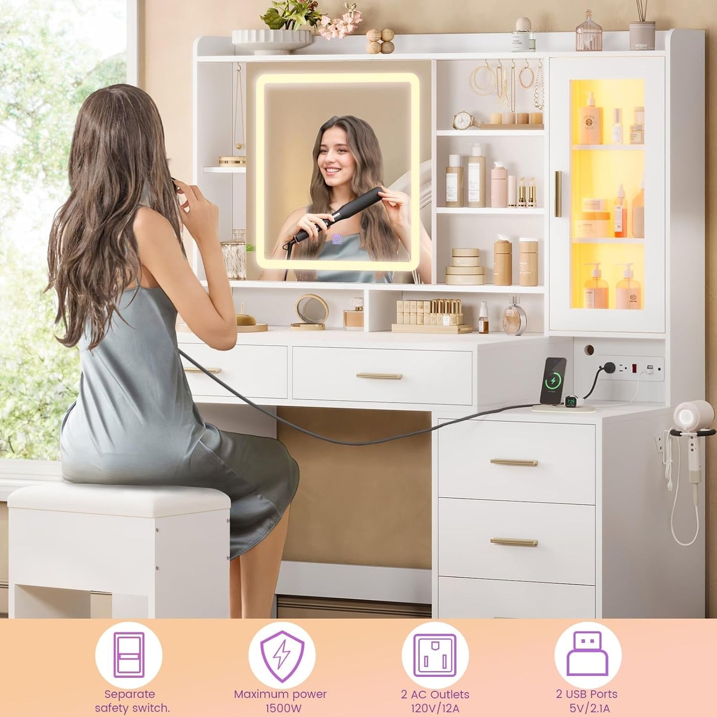 White Makeup Vanity Desk 47 Inches LED Illuminated Mirror