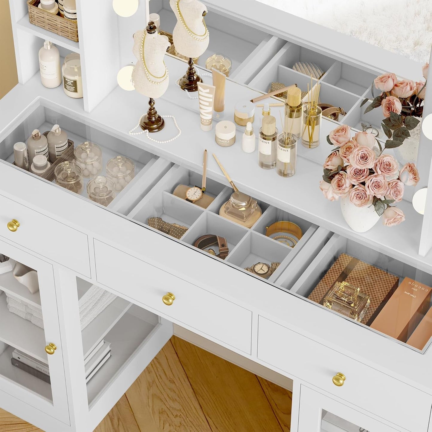 White LED Lighted Makeup Vanity Desk with Drawers