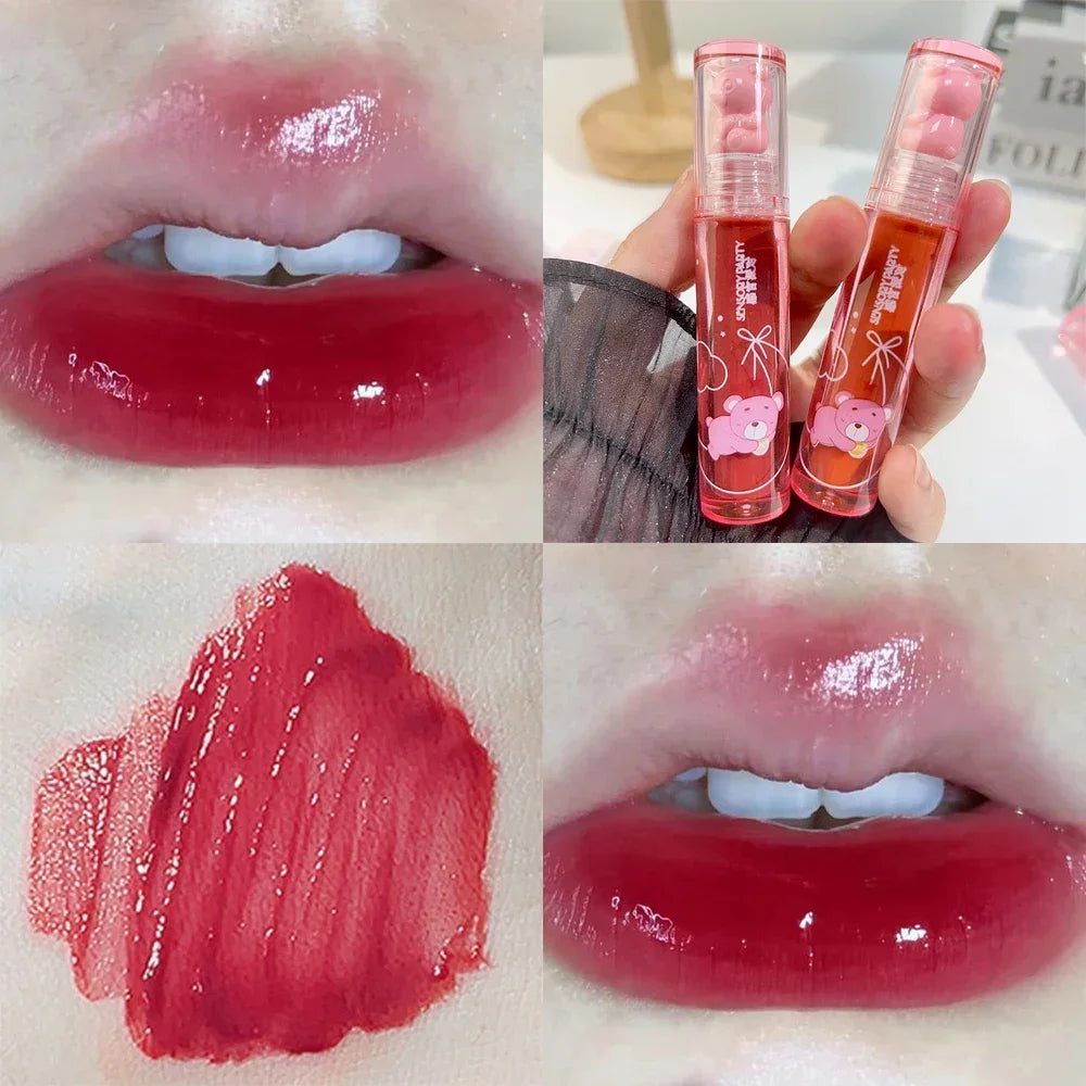 Cute Pink Bear Water Light Lip Gloss Lasting Crystal Shine