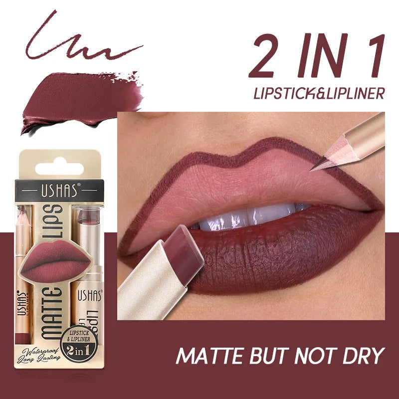 USHAS 12 Color Lip Liner Plus Lipstick Set Long Lasting Matte