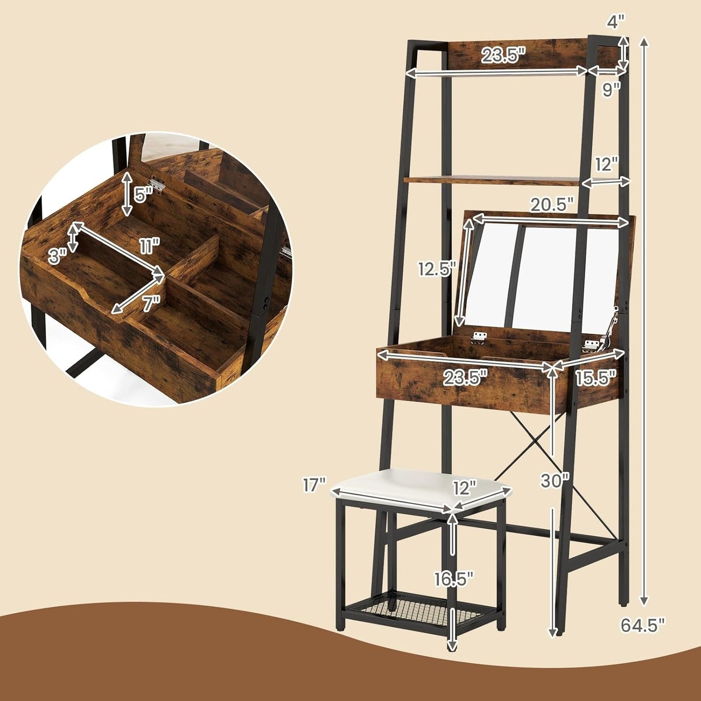 Ladder Vanity Desk Two Tone Flippable Mirror Modern