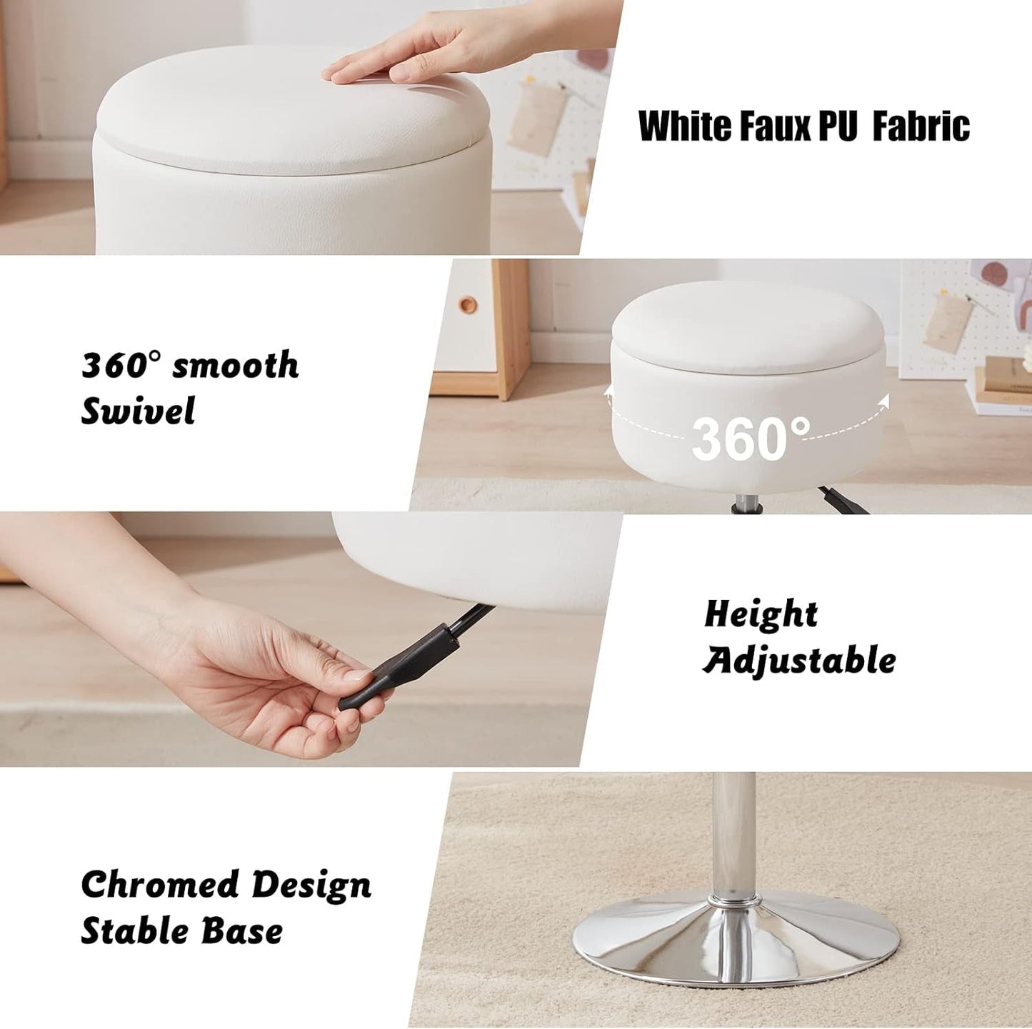 White Adjustable Vanity Stool With Storage Leatherette