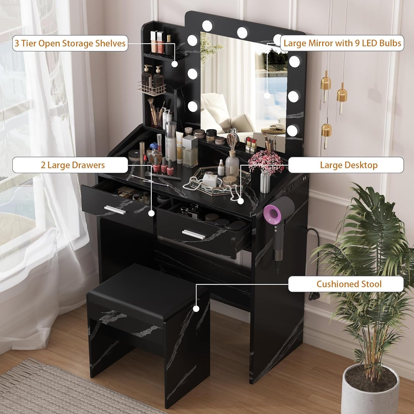 Contemporary Marble Vanity Desk With Dimmable LEDs