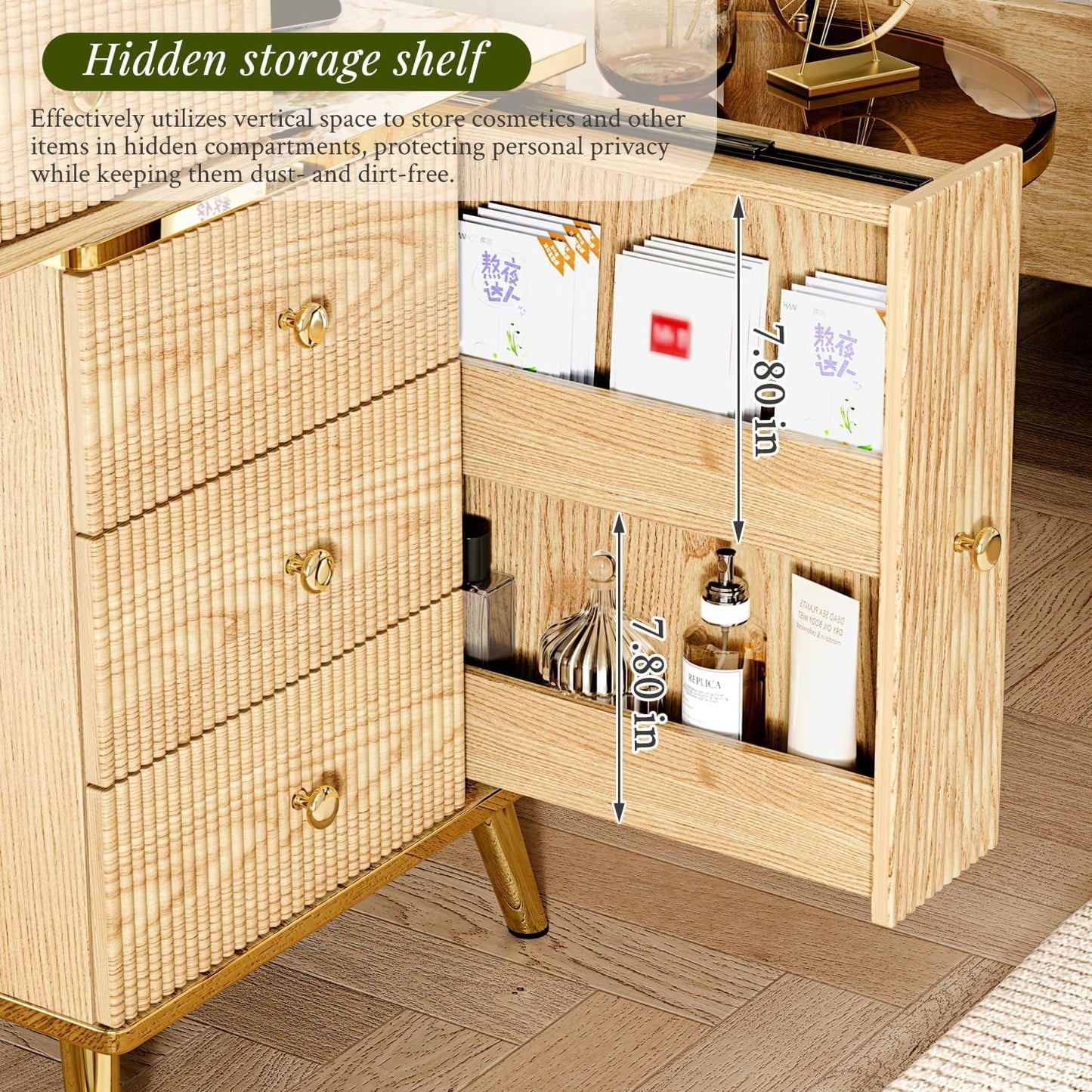 Oak Vanity Desk With Forty Six Inch Illuminated Mirror