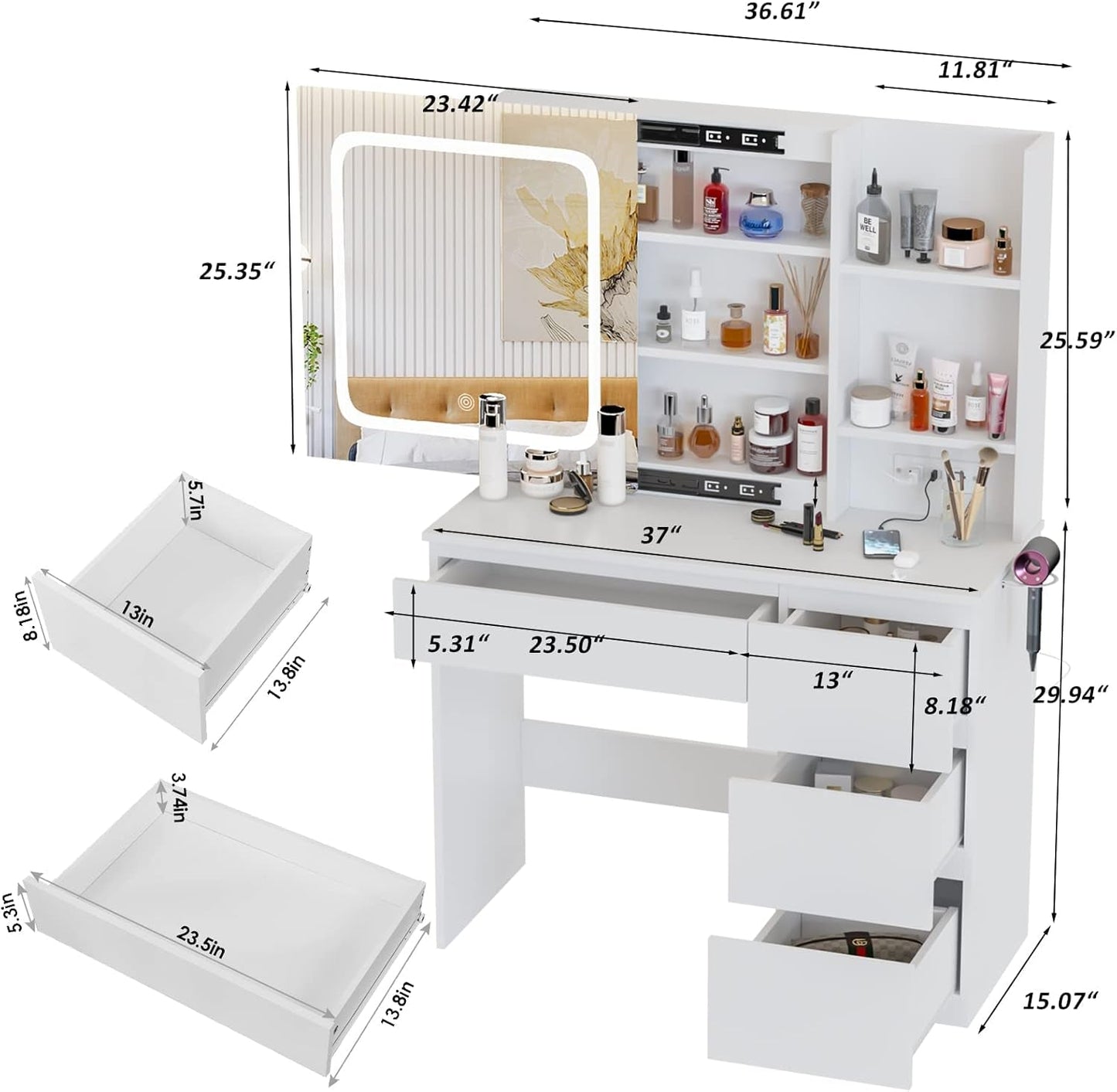 37-Inch White Cosmetic Vanity Desk Charging Station