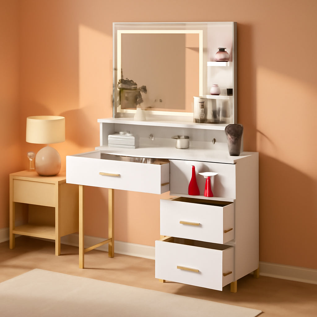 Pearl White Vanity Desk With Customizable Lighting