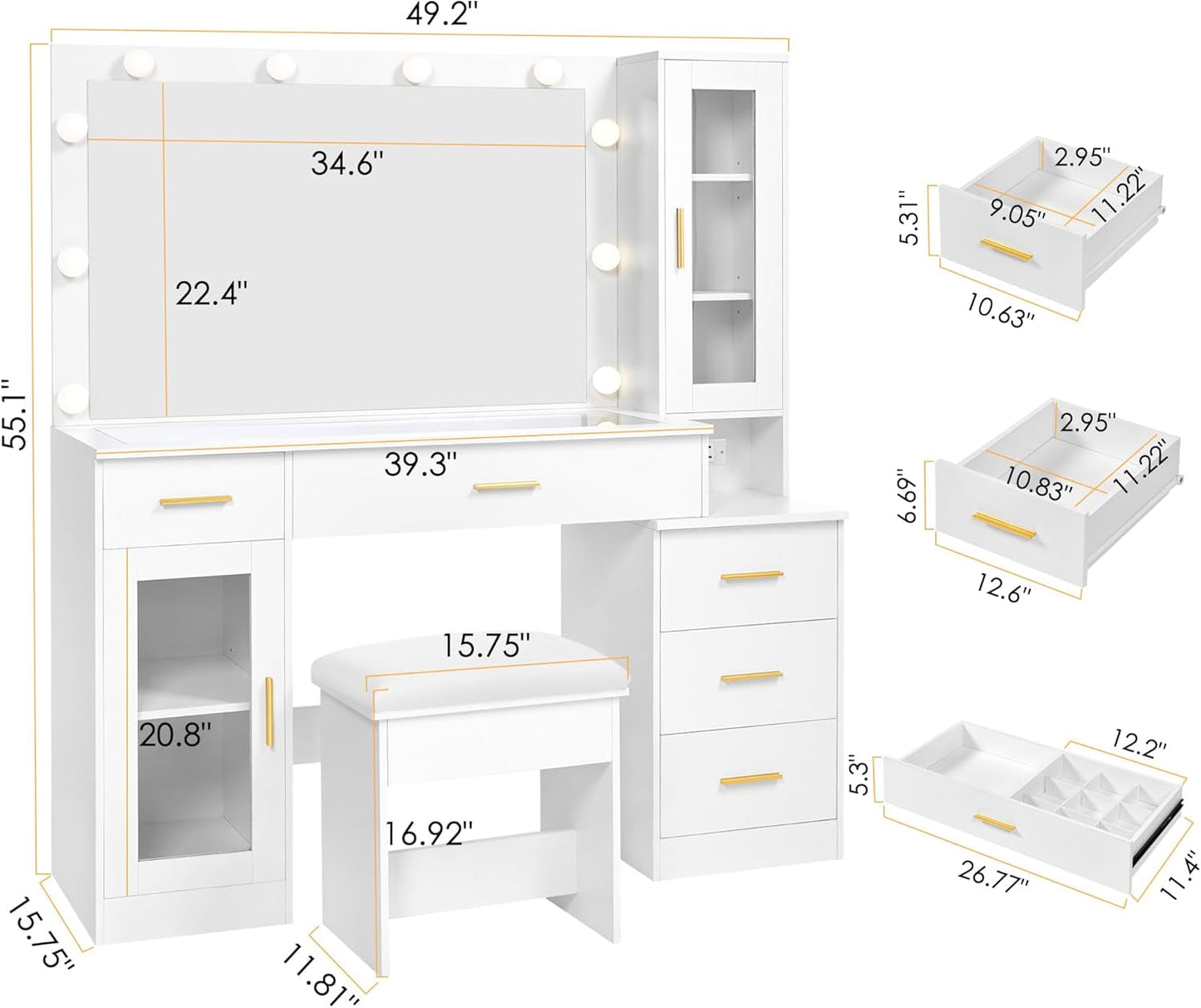 White 49.2 Inches Contemporary Vanity Desk Illuminated