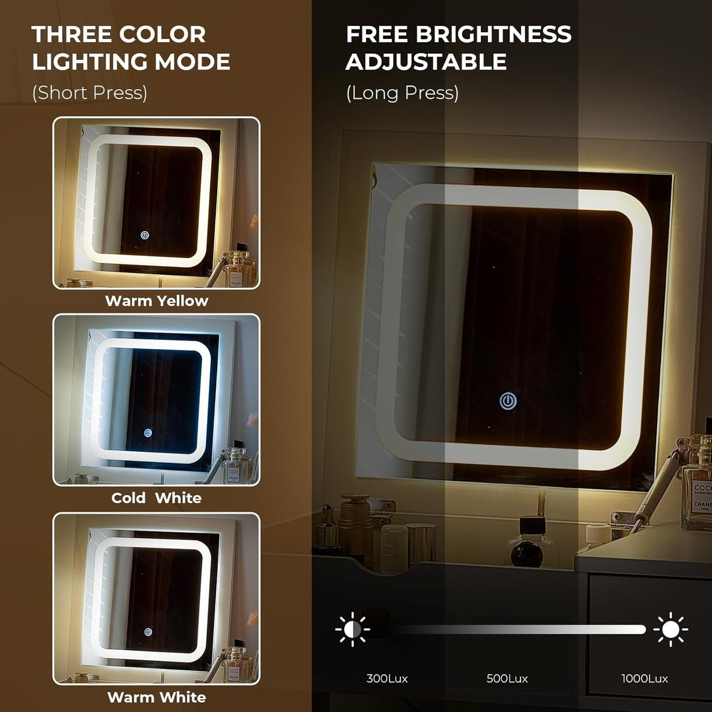 White Vanity Desk Mirror Illuminated Adjustable Storage Compartment