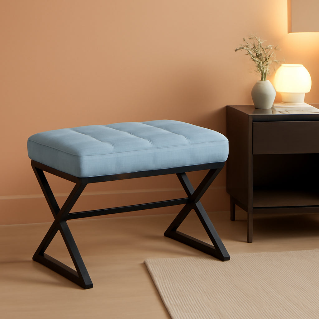 Blue Linen Vanity Stool Ultra Comfort Cushioned Uphol stery