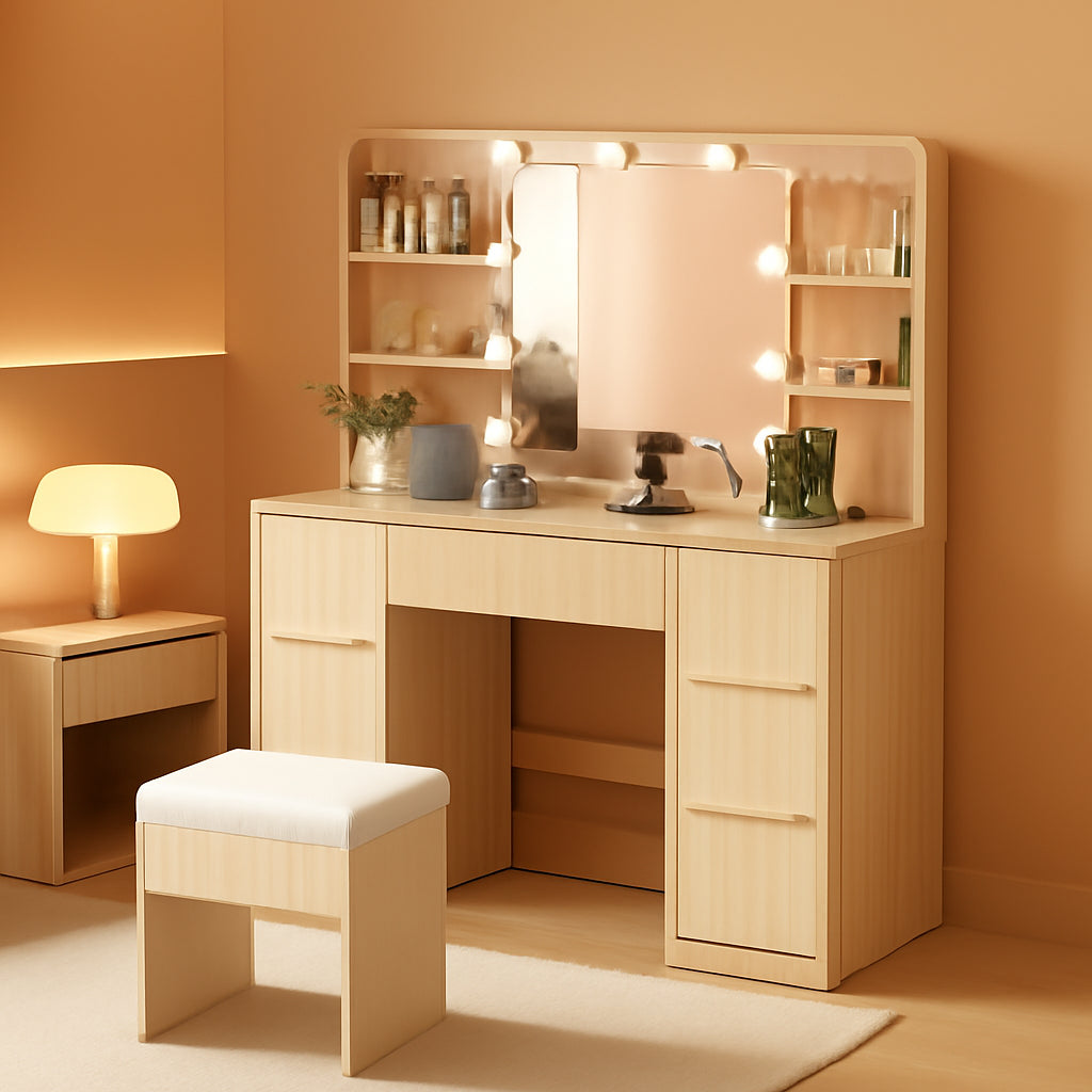 Espresso Oak Fluted Vanity Desk With Integrated Outlet