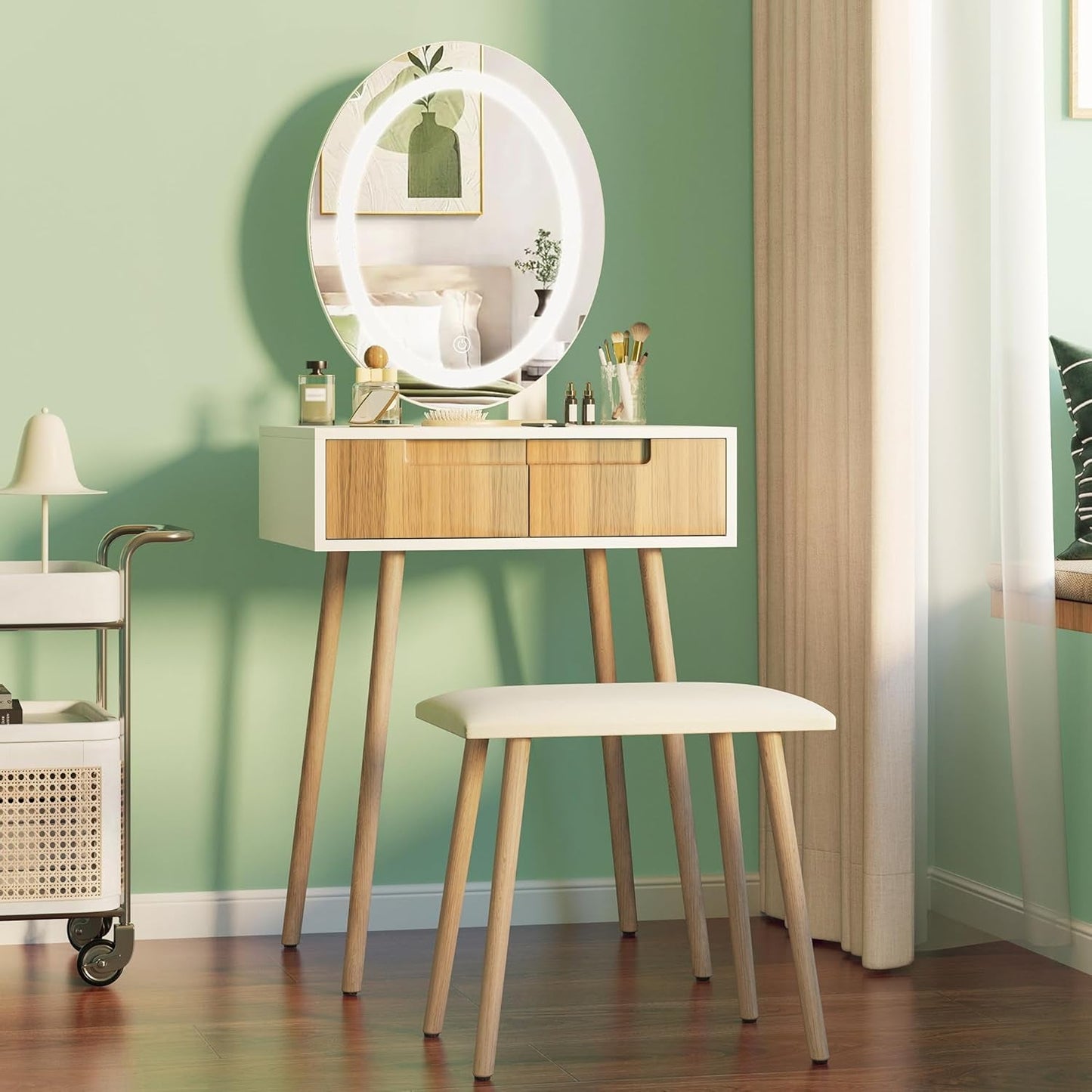 Natural Oak Vanity Desk With Illuminated Makeup Mirror