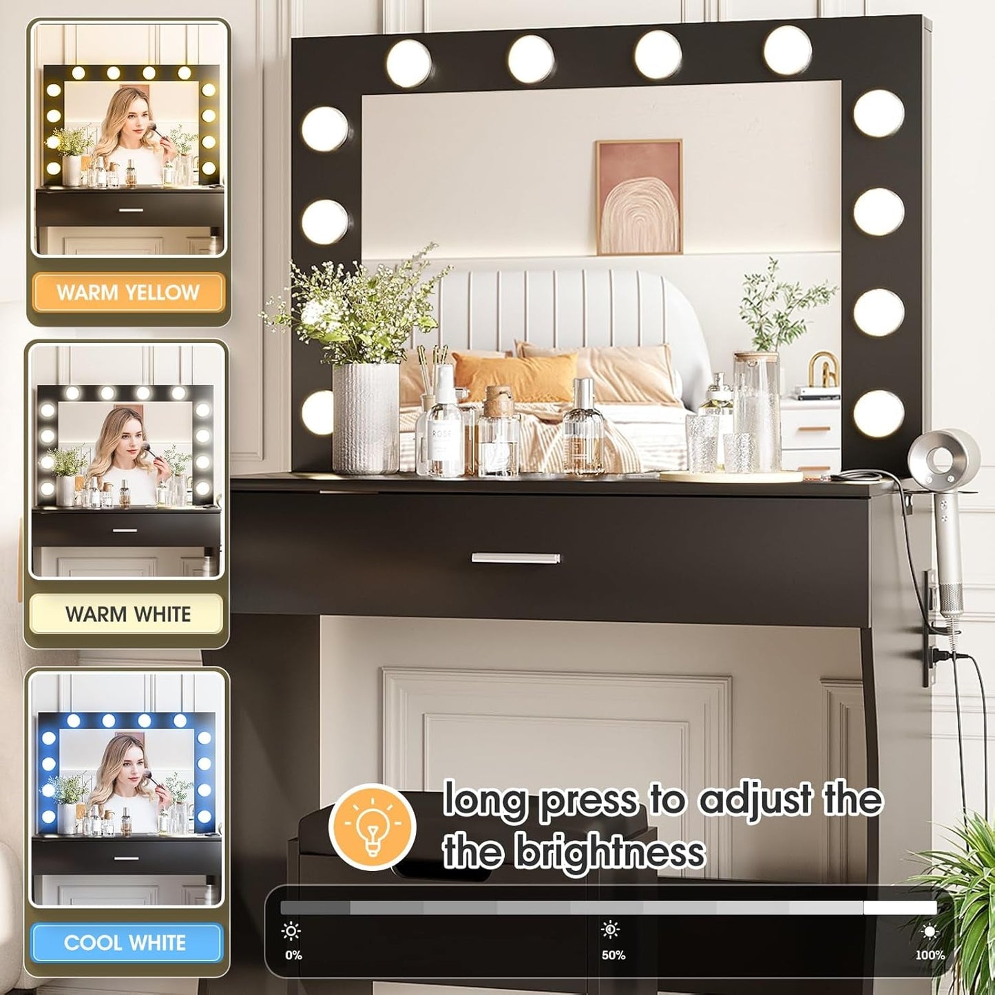 Black Illuminated Makeup Vanity Table With Lighting