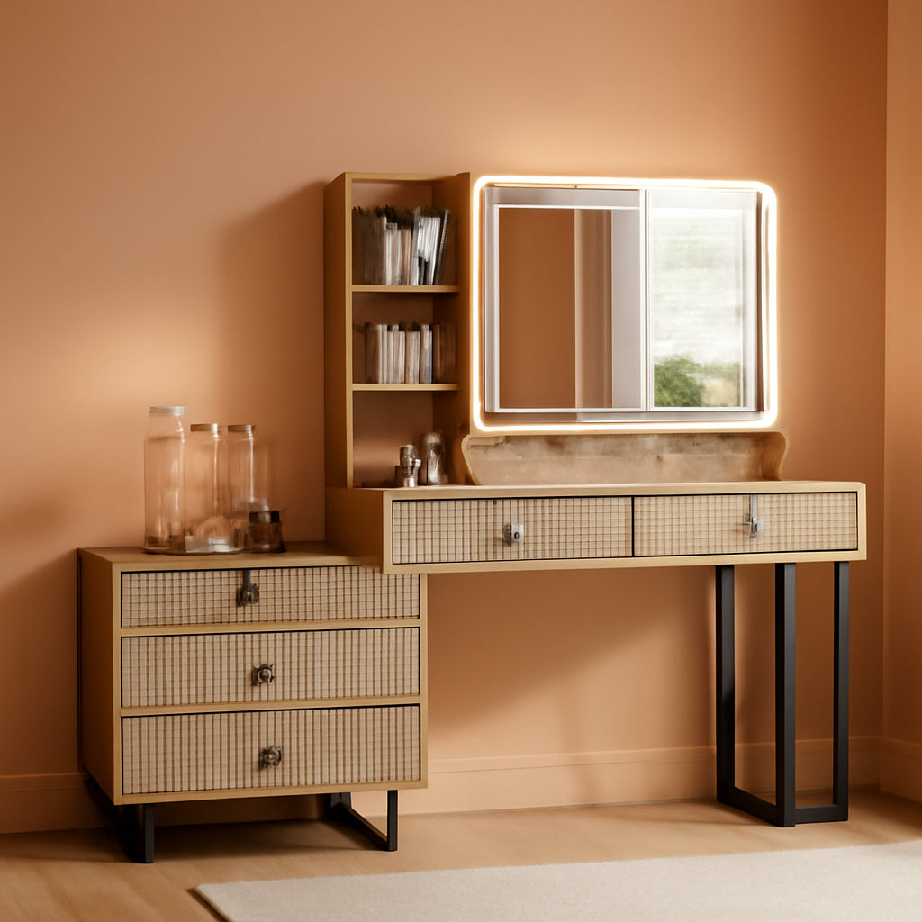Customizable Vanity Desk With Dimmable Mirror Oak Finish