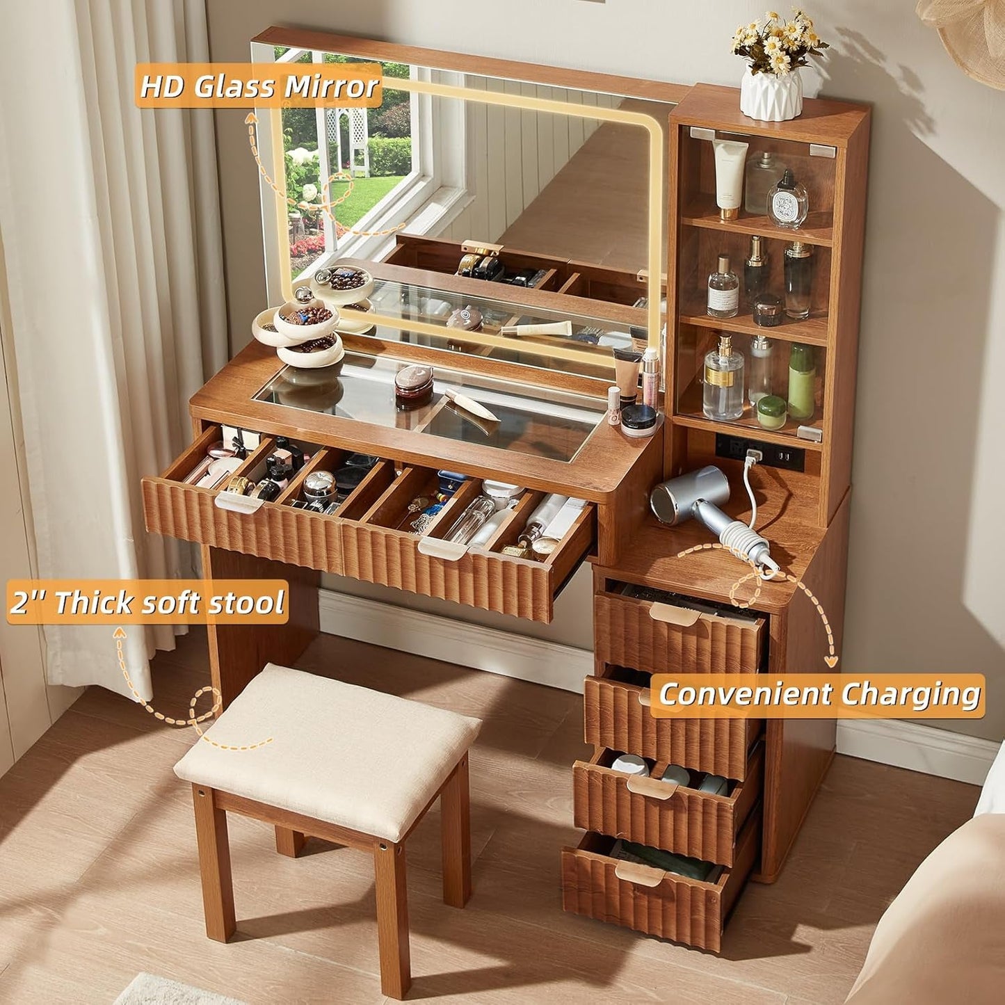 43.5 Inch Vanity Desk With Integrated Mirror Lights