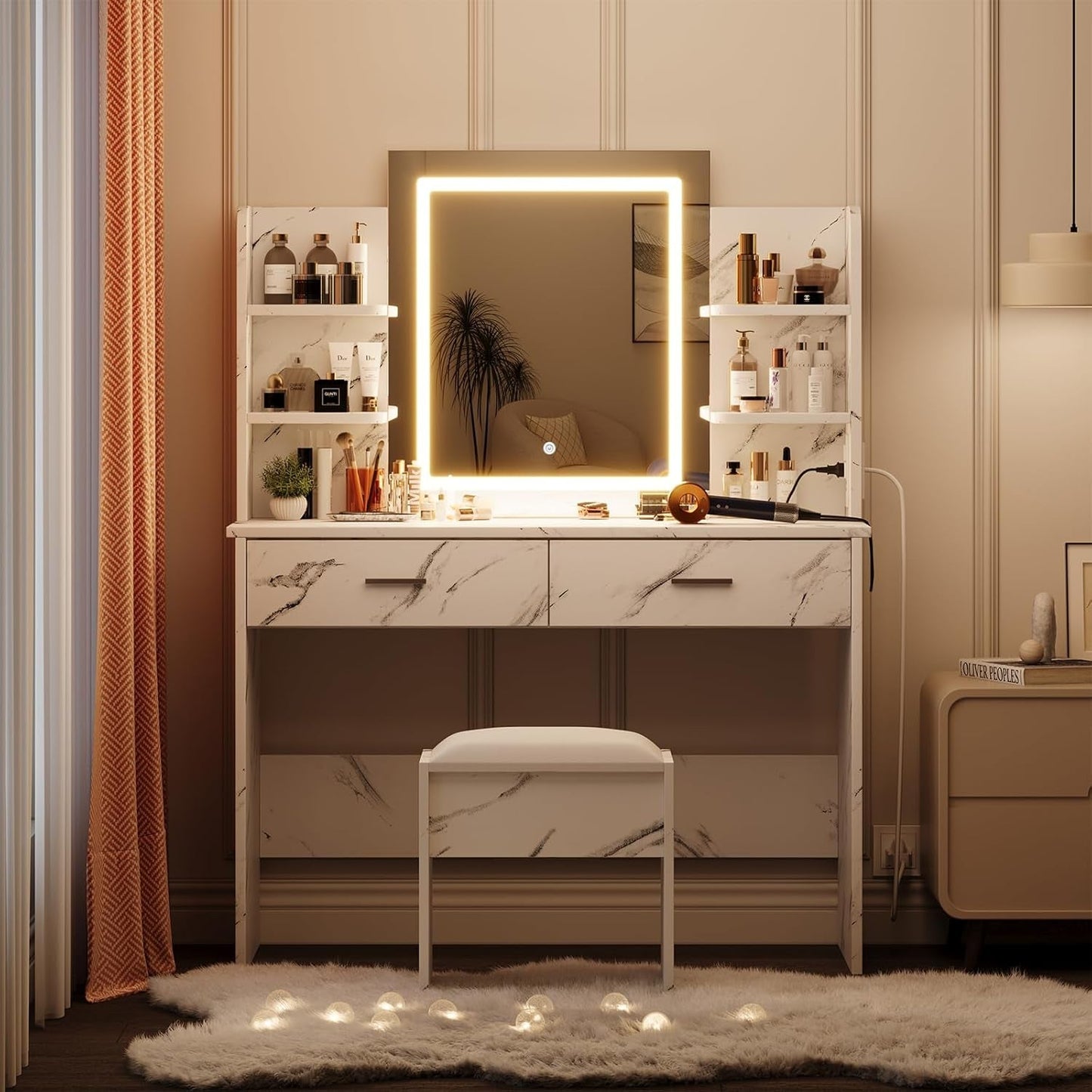 Marble White Vanity Desk With Premium Illumination