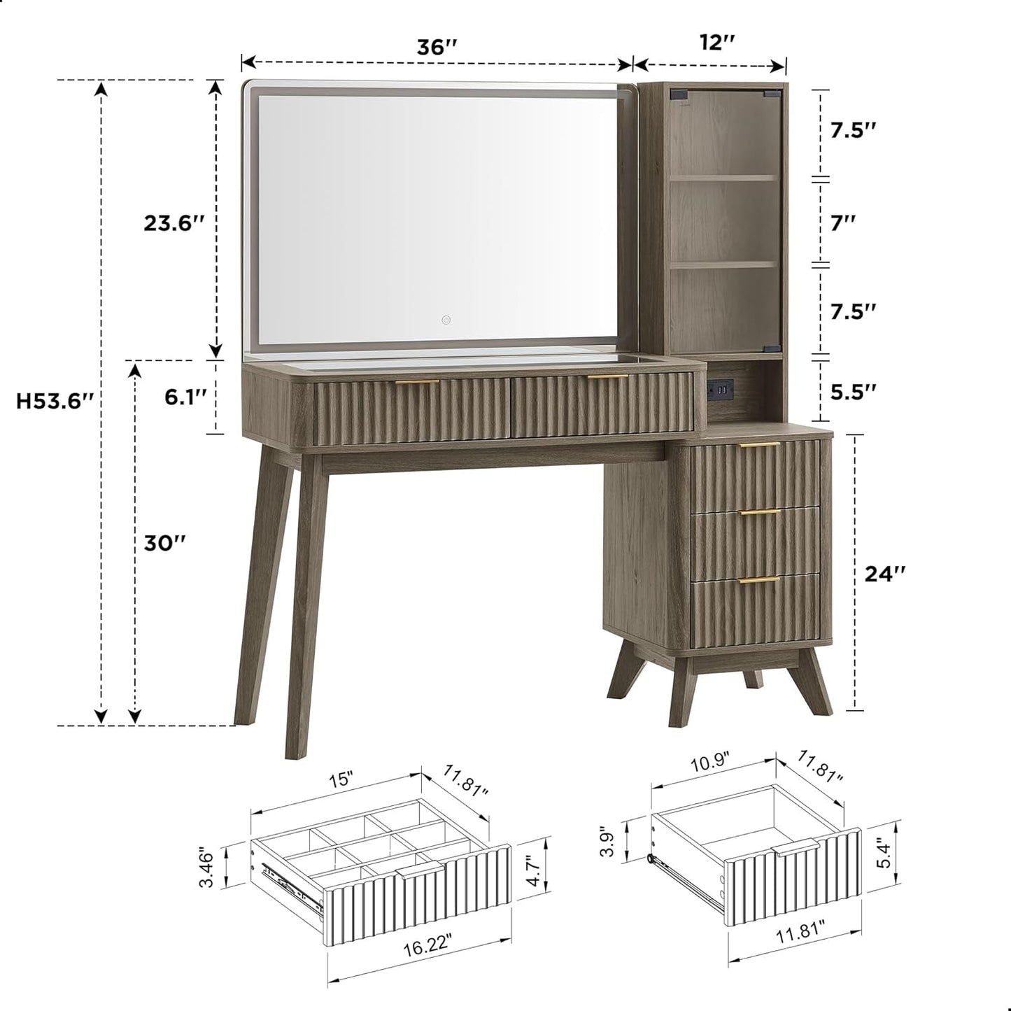 48 Inch Fluted Vanity Desk Large Mirror Panel LED With Adjustable Brightness