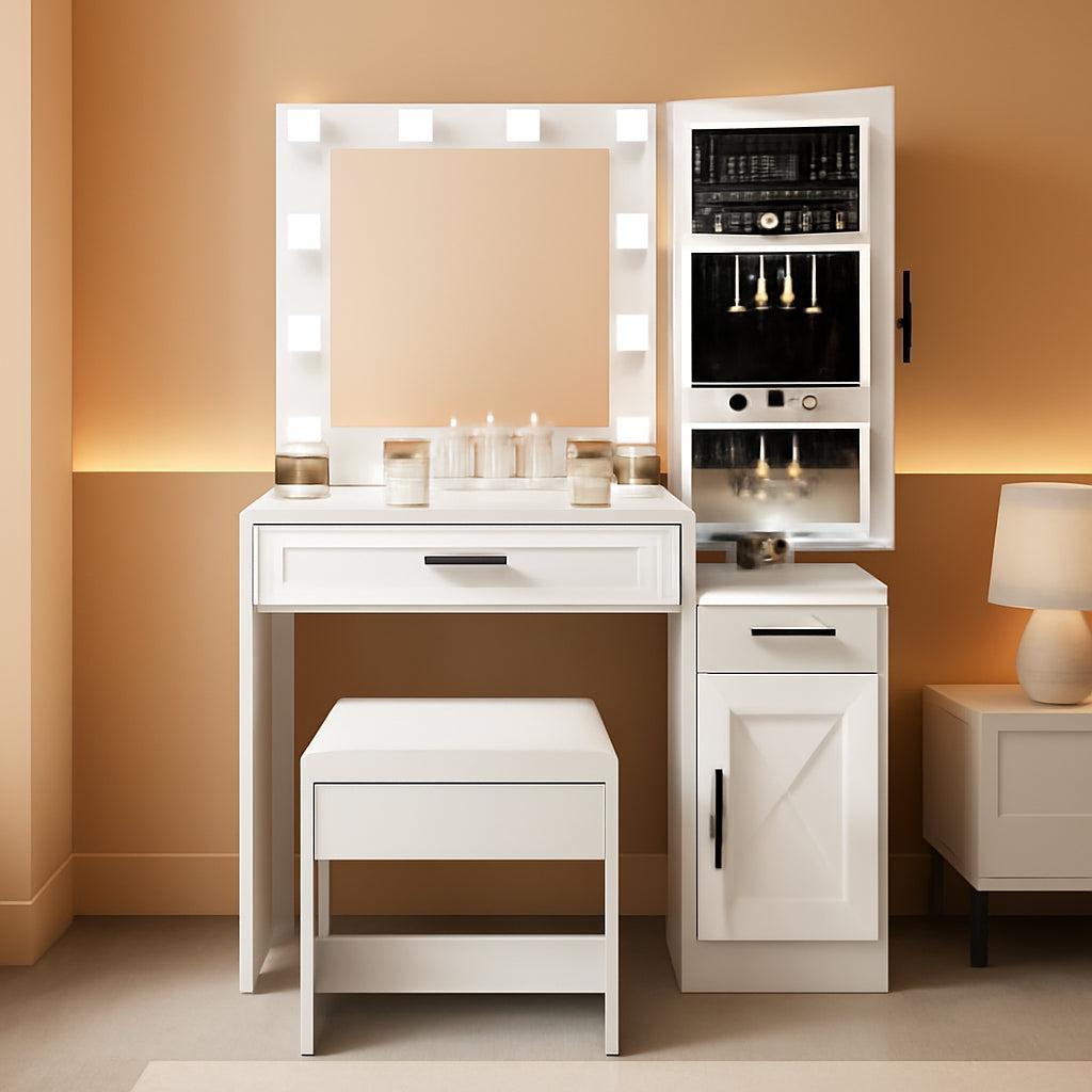 36 Inch Antique White Vanity Desk With LED Illumination