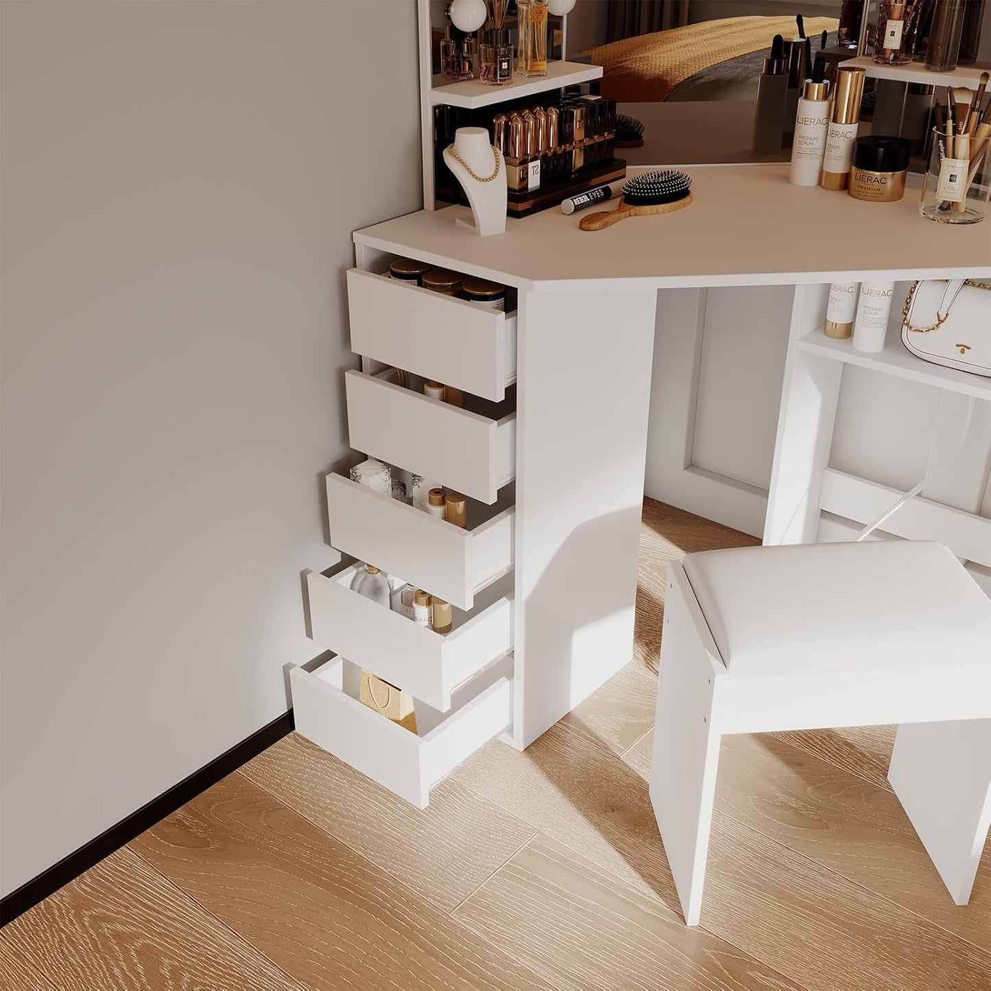 White Corner Vanity Desk With Illumination Modules